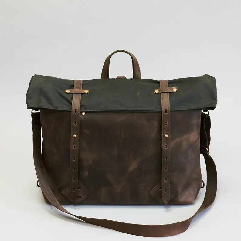 Zaino Roll-Top in Pelle e Tela Cerata – Vintage Elegante e Capiente