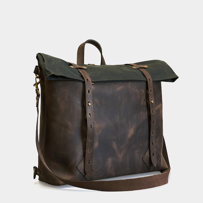 Zaino Roll-Top in Pelle e Tela Cerata – Vintage Elegante e Capiente
