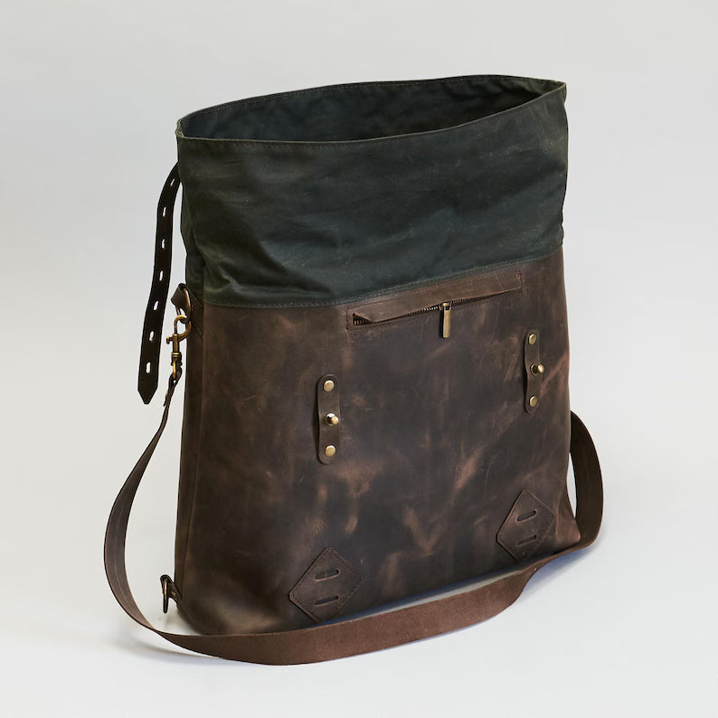 Zaino Roll-Top in Pelle e Tela Cerata – Vintage Elegante e Capiente