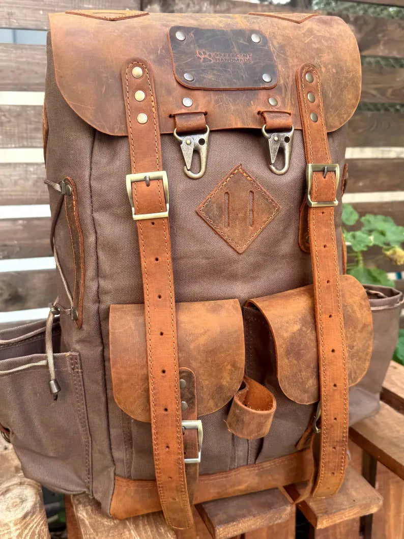 Zaino Trekking Vintage in Pelle e Tela Cerata – Grande Capacità