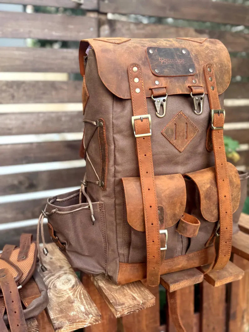 Zaino Trekking Vintage in Pelle e Tela Cerata – Grande Capacità