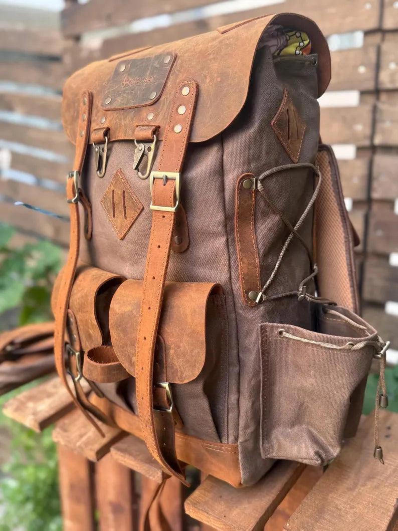 Zaino Trekking Vintage in Pelle e Tela Cerata – Grande Capacità