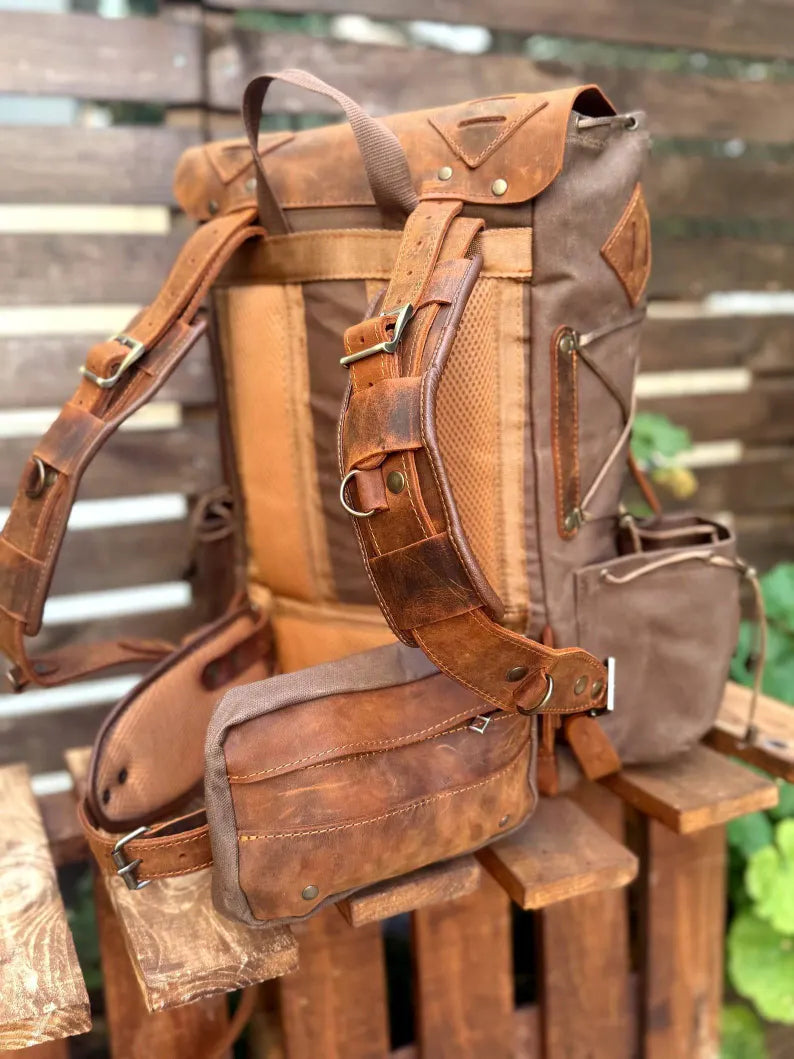 Zaino Trekking Vintage in Pelle e Tela Cerata – Grande Capacità