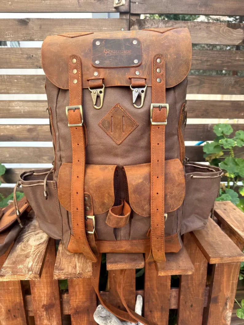 Zaino Trekking Vintage in Pelle e Tela Cerata – Grande Capacità