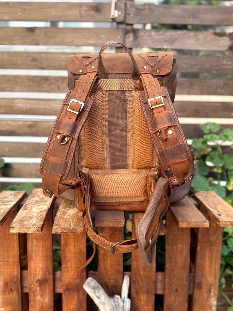Zaino Trekking Vintage in Pelle e Tela Cerata – Grande Capacità