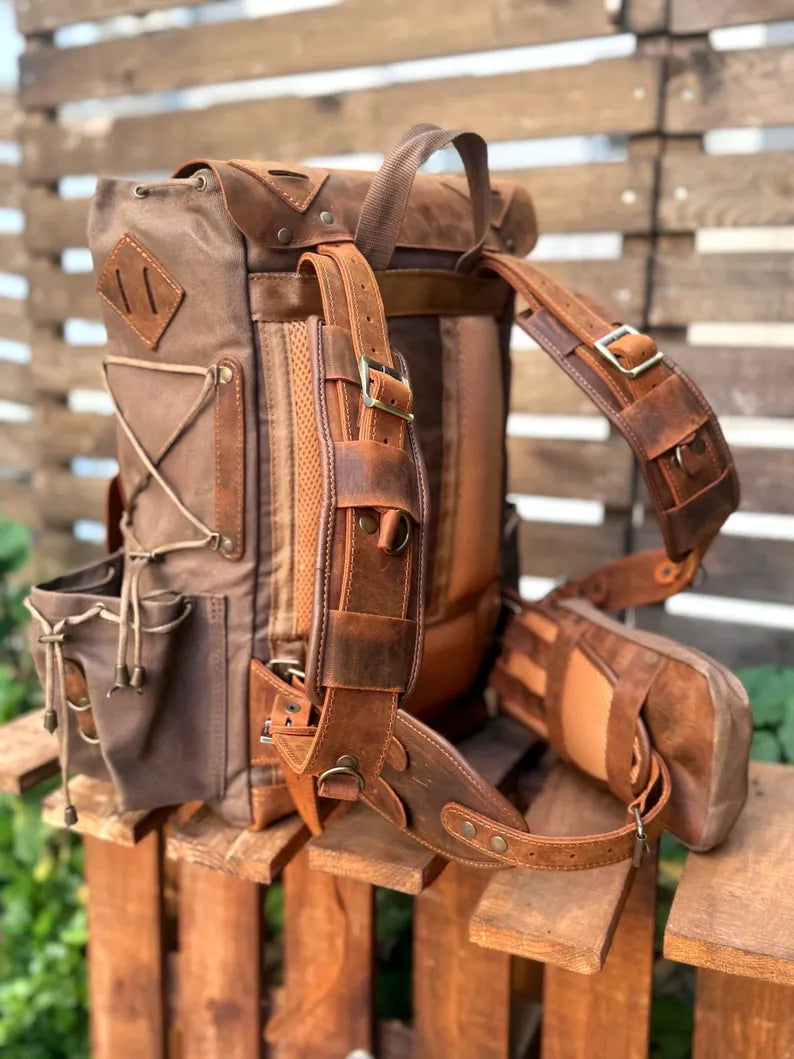 Zaino Trekking Vintage in Pelle e Tela Cerata – Grande Capacità